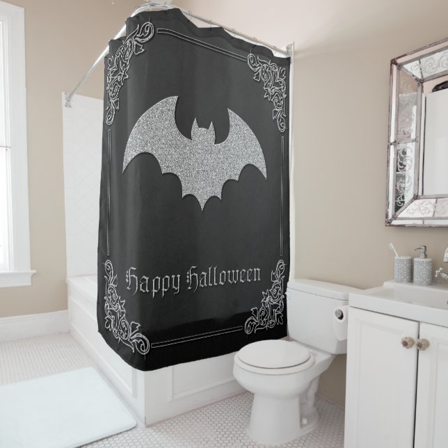 Glittery Bat Halloween Shower Curtain (In Situ)