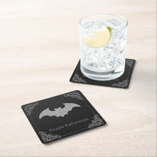 Glittery Bat Halloween Square Paper Coaster