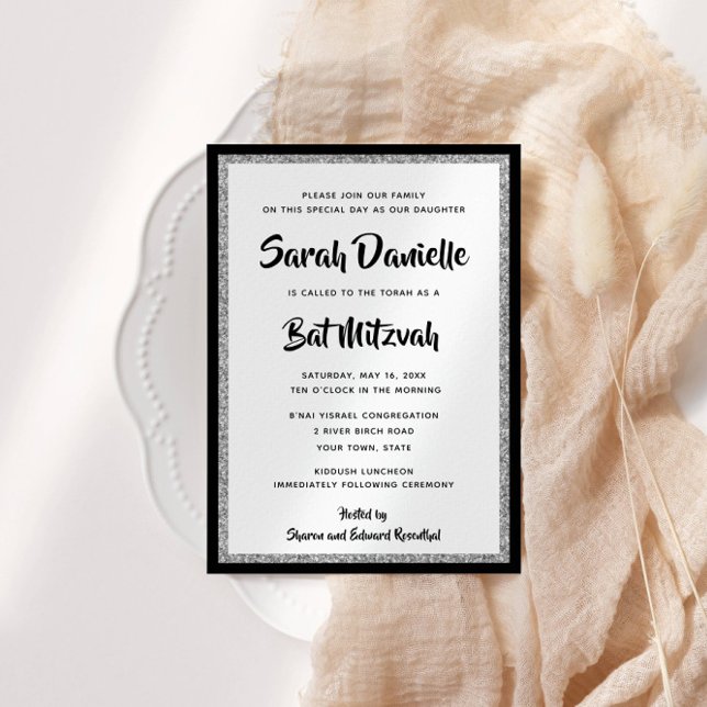 Glittery Bat Mitzvah Black and Silver Rectangle Invitation (Creator Uploaded)
