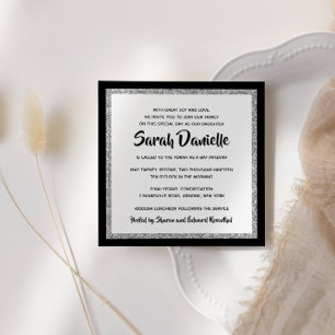 Glittery Bat Mitzvah Black Silver Square Invitation