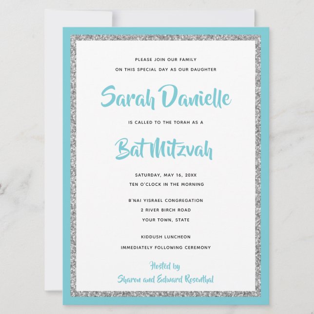 Glittery Bat Mitzvah Blue and Silver Large Invitation (Front)