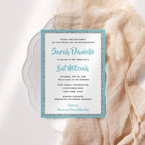 Glittery Bat Mitzvah Blue and Silver Rectangle