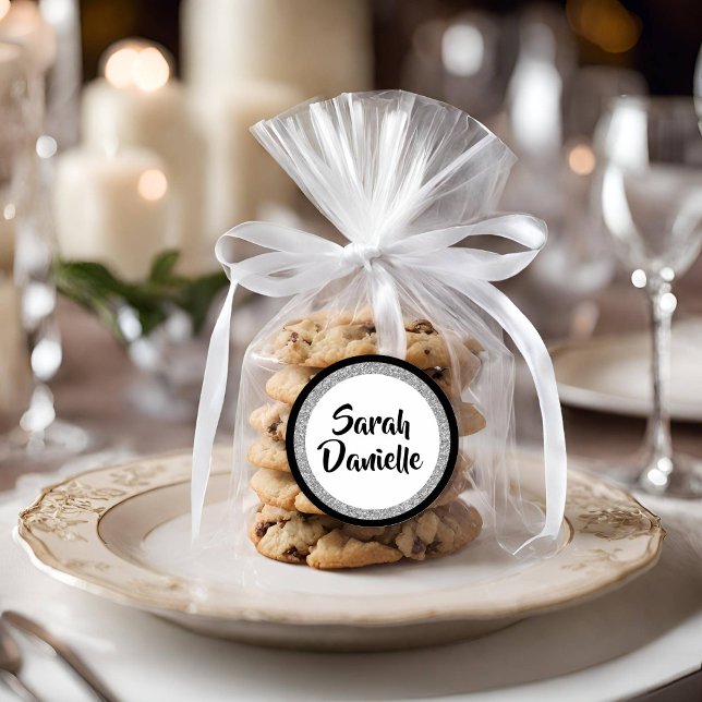 Glittery Bat Mitzvah Elegant Black and Silver Classic Round Sticker (Creator Uploaded)