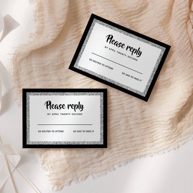 Glittery Bat Mitzvah Elegant Black and Silver RSVP Card (Creator Uploaded)