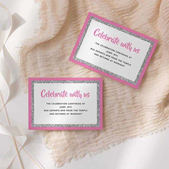 Glittery Bat Mitzvah Hot Pink & Silver Detail Card (Creator Uploaded)