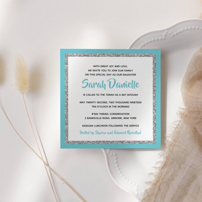 Glittery Bat Mitzvah Light Blue and Silver Invitation (Creator Uploaded)