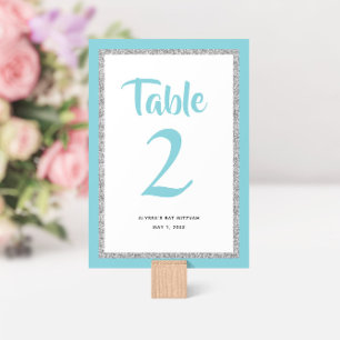 Glittery Bat Mitzvah Light Blue and Silver Table Number