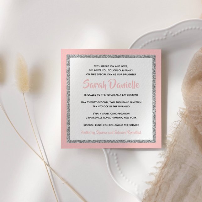 Glittery Bat Mitzvah Light Pink and Silver Square Invitation (Creator Uploaded)