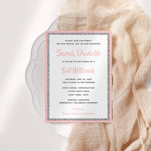 Glittery Bat Mitzvah Light Pink & Silver Rectangle