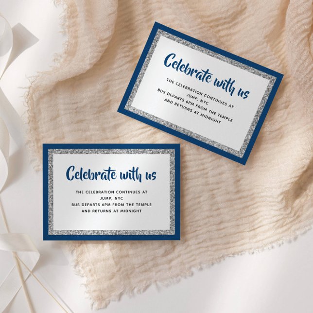 Glittery Bat Mitzvah Navy Blue and Silver Detail Enclosure Card (Creator Uploaded)