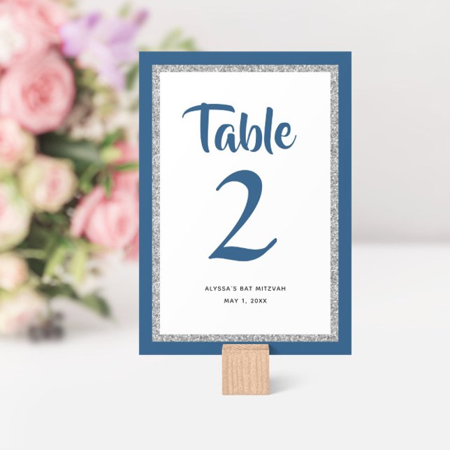 Glittery Bat Mitzvah Navy Blue and Silver  Table Number (Creator Uploaded)