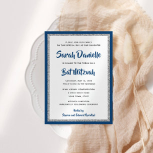 Glittery Bat Mitzvah Navy Blue & Silver Rectangle Invitation