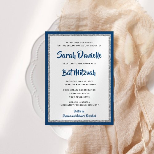 Glittery Bat Mitzvah Navy Blue & Silver Rectangle