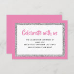 Glittery Bat Mitzvah Pink and Silver Detail Card<br><div class="desc">This trendy insert card features bold lettering on the front with a layered look in silver glitter and white,  and a solid colored background. Add your text using the template form. Change the font,  layout and colors using the Customize feature.</div>