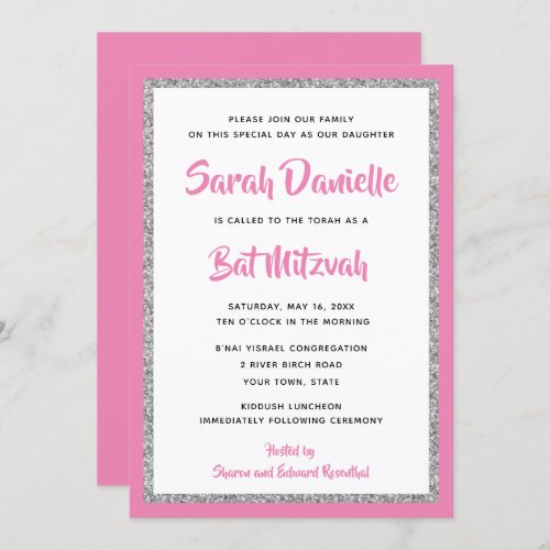 Glittery Bat Mitzvah Pink and Silver Rectangle Invitation