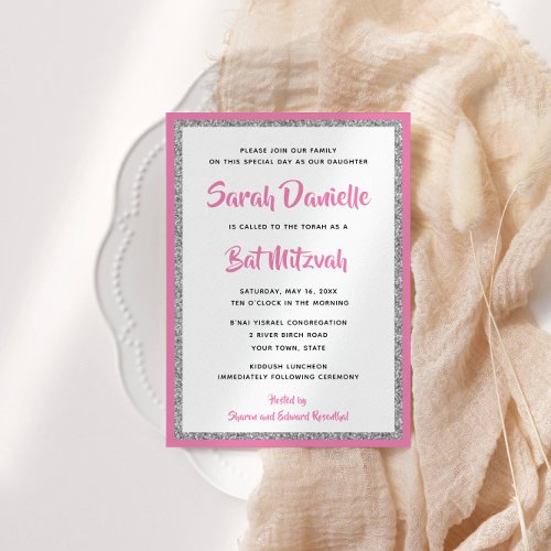 Glittery Bat Mitzvah Pink and Silver Rectangle