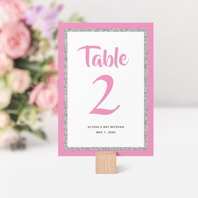 Glittery Bat Mitzvah Pink and Silver Rectangle Table Number (Creator Uploaded)