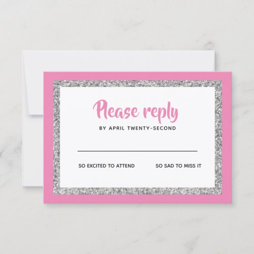 Glittery Bat Mitzvah Pink and Silver RSVP Card