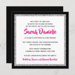 Glittery Bat Mitzvah Pink, Black and Silver Square Invitation<br><div class="desc">This trendy Bat Mitzvah invitation features sparkling faux glitter layered against a solid color background.  Use the template form to add your own information.  The "Customize" feature can be used to change the font style,  color and layout.</div>