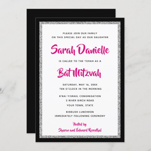 Glittery Bat Mitzvah Pink Black Silver Rectangle Invitation