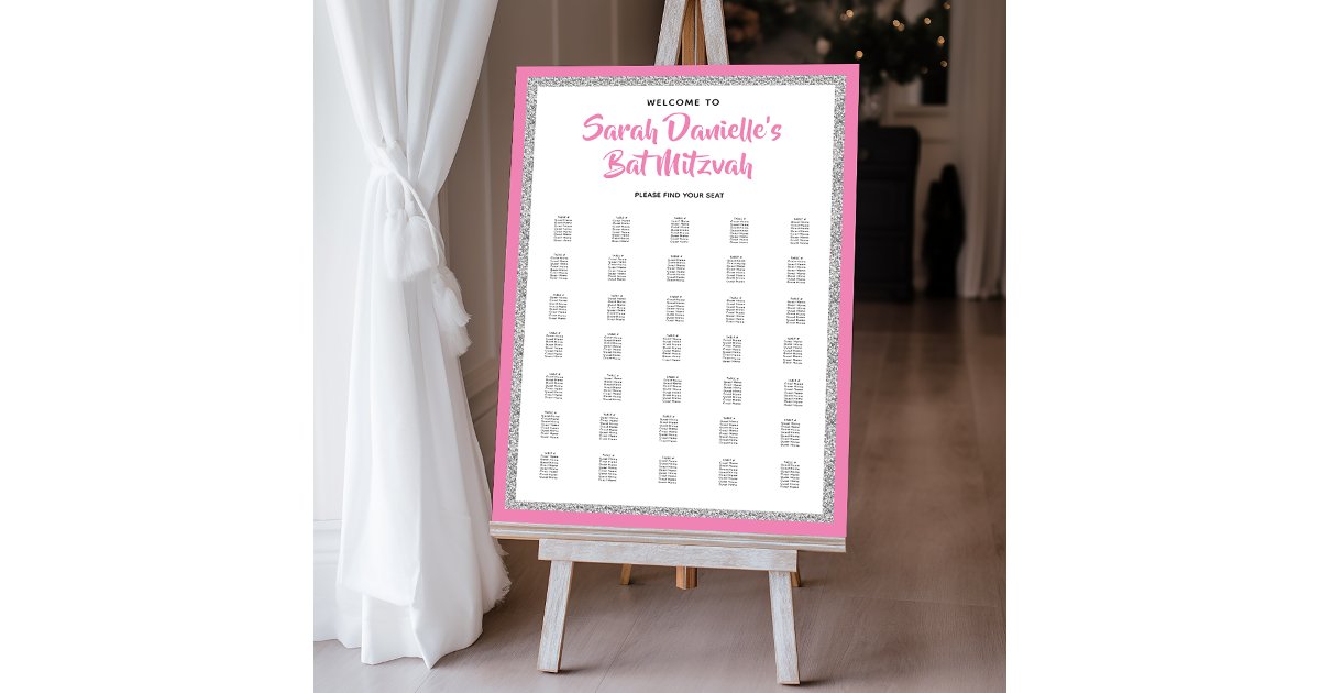 Glittery Bat Mitzvah Pink Silver XL Seating Chart Foam Board Zazzle