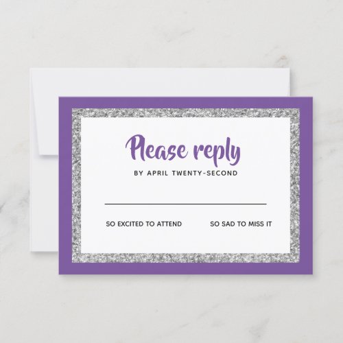 Glittery Bat Mitzvah Purple and Silver RSVP Card