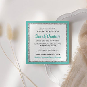 Glittery Bat Mitzvah Teal and Silver Square Invitation
