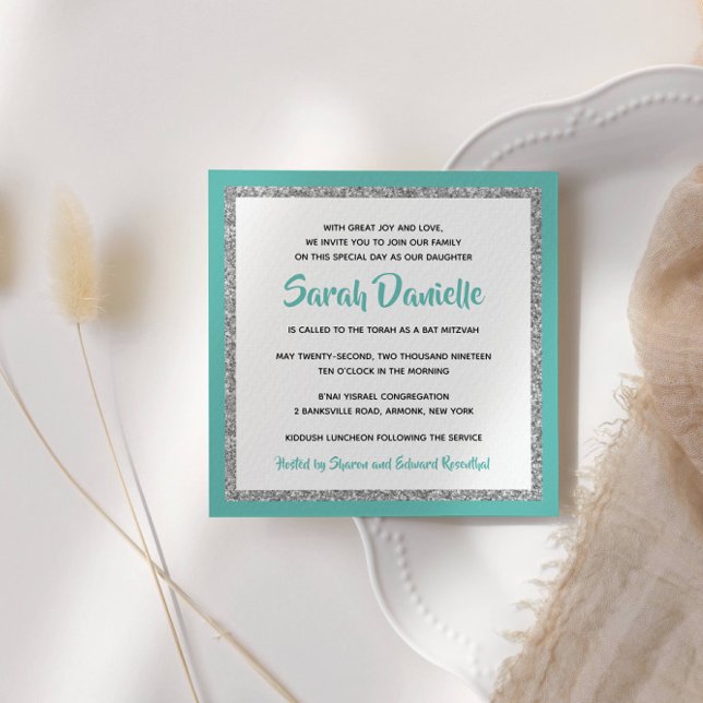 Glittery Bat Mitzvah Teal and Silver Square Invitation (Creator Uploaded)