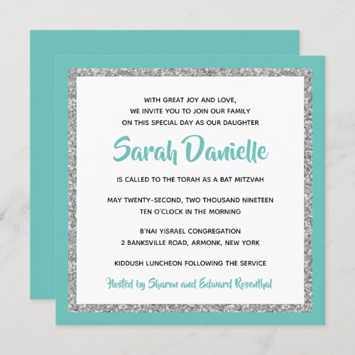 Glittery Bat Mitzvah Teal and Silver Square Invitation