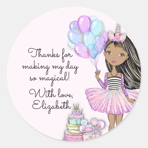 Glittery Birthday African American Girl Unicorn Classic Round Sticker