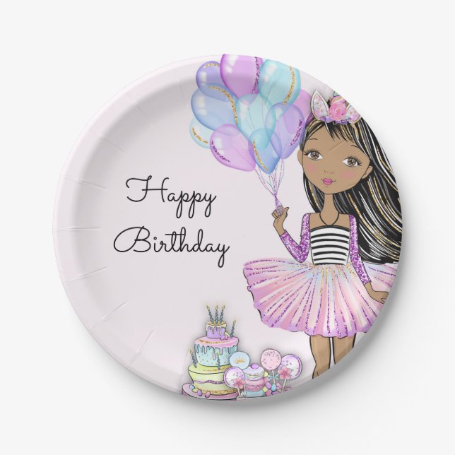 Glittery  Birthday African American Girl Unicorn P Paper Plates (Front)