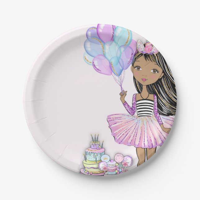 Glittery  Birthday African American Girl Unicorn Paper Plates (Front)