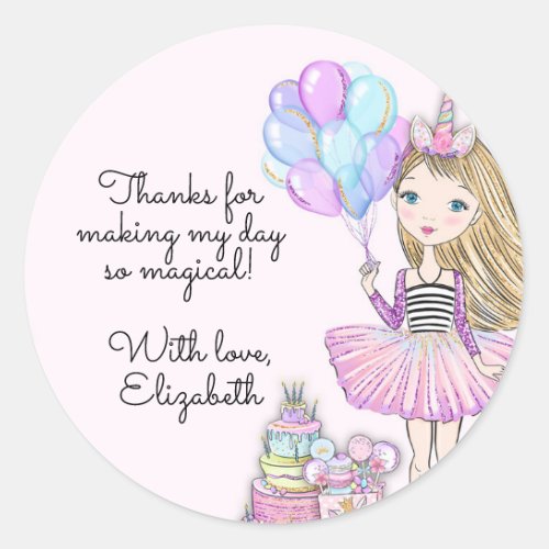 Glittery Birthday Glam Girl Unicorn  Classic Round Sticker