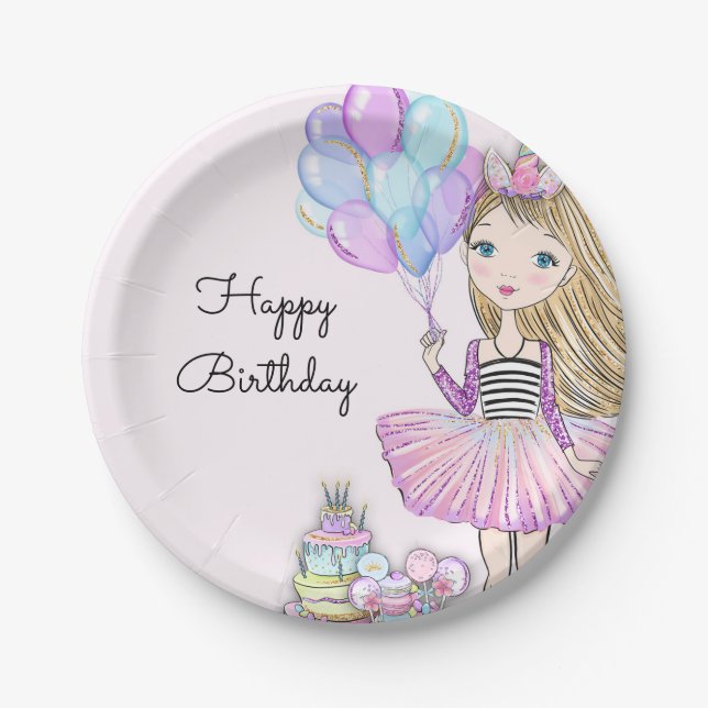 Glittery Birthday Glam Girl Unicorn  Paper Plates (Front)