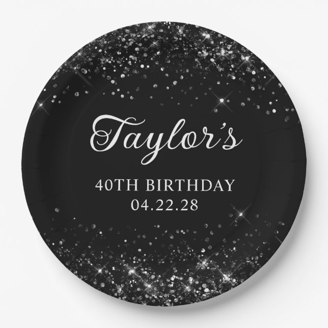 Glittery Black 40th Birthday Paper Plates (Front)