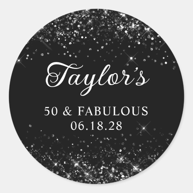 Glittery Black 50th Birthday Classic Round Sticker (Front)
