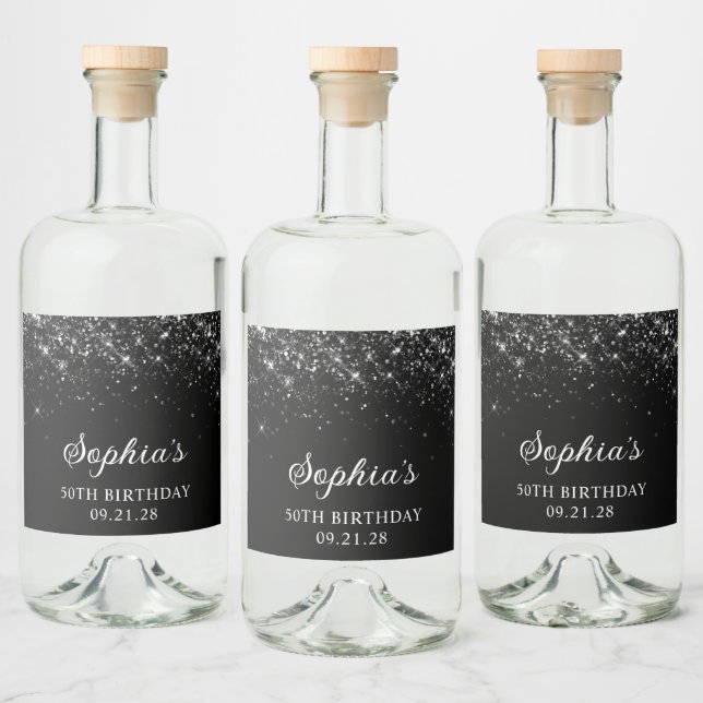 Glittery Black 50th Birthday Liquor Bottle Label (Bottles)