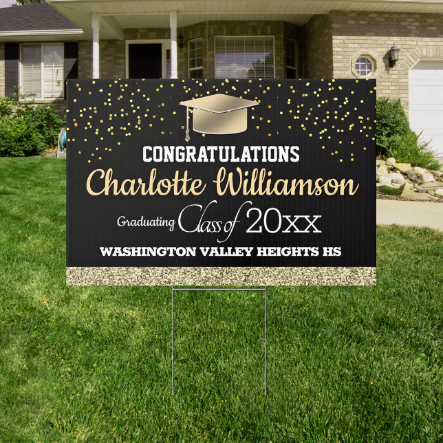 Glittery Black and Gold Congratulations Graduate Sign | Zazzle