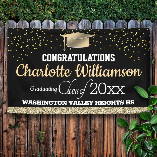 Glittery Black and Gold Graduation Banner | Zazzle
