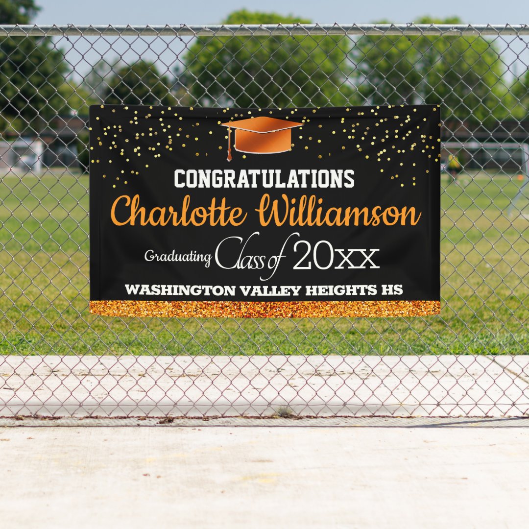 Glittery Black and Orange Graduation Banner | Zazzle