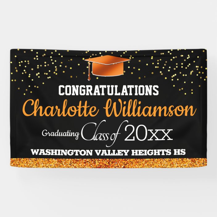 Glittery Black and Orange Graduation Banner