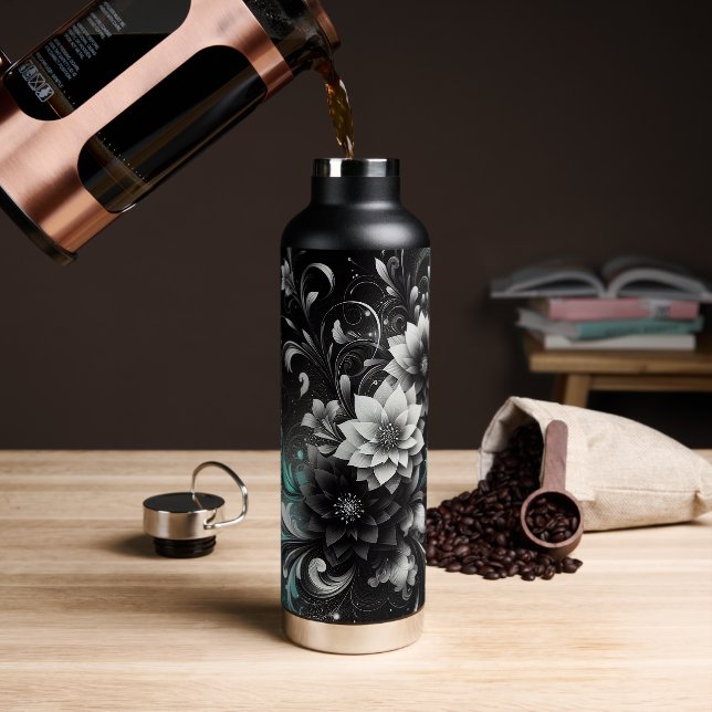Glittery Black and Teal Floral Water Bottle (Coffee)