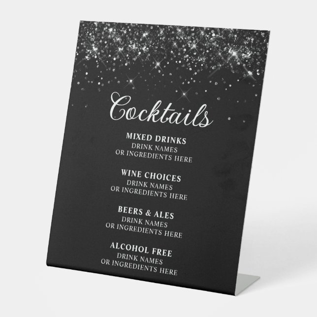Glittery Black Cocktails Bar Menu Pedestal Sign (Front)