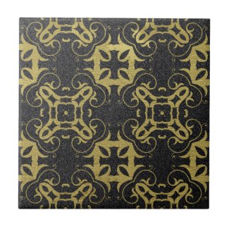 Glittery Black Faux Gold Metallic Damask Pattern Ceramic Tile