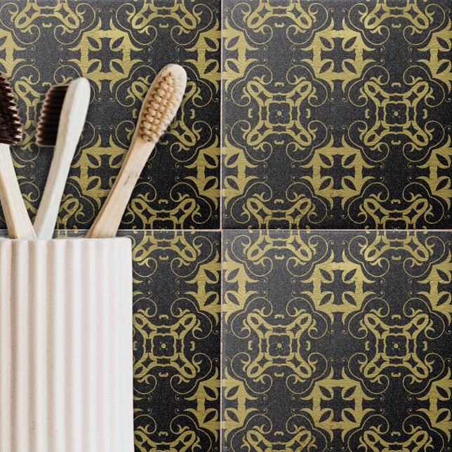 Glittery Black Faux Gold Metallic Damask Pattern Ceramic Tile (Creator Uploaded)