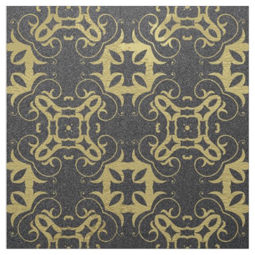 Glittery Black Faux Gold Metallic Damask Pattern Fabric