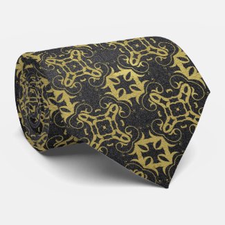Glittery Black Faux Gold Metallic Damask Pattern Neck Tie