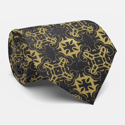 Glittery Black Faux Gold Metallic Damask Pattern Neck Tie