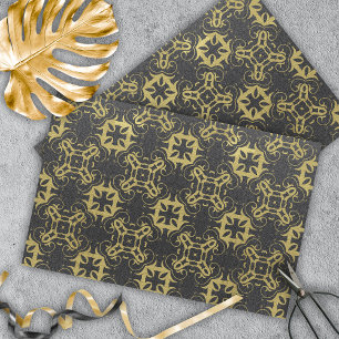Glittery Black Faux Gold Metallic Damask Pattern Tissue Paper