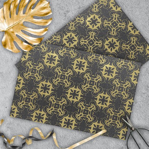 Glittery Black Faux Gold Metallic Damask Pattern Tissue Paper